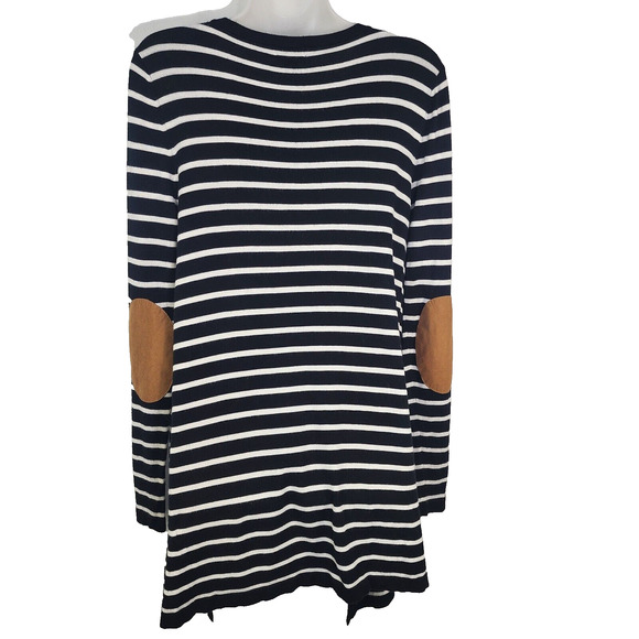 Market & Spruce Cardigan Womens Large Jeana Striped Elbow Patch Black White Knit - Picture 2 of 11